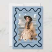 Navy Blue Squiggly Wavy Lijst Afstuderen Dank u Aankondiging (Voorkant)