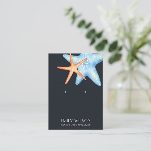 NAVY BLUE STAR FISH AQUATIC STUD OORBEL DISPLAY VISITEKAARTJE (Staand voorkant)