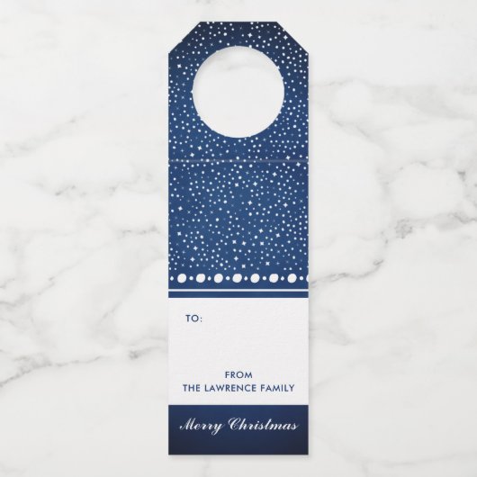 Navy Blue Star Gepersonaliseerde Kerstvakantie cad Flessenhanger (Voorkant)
