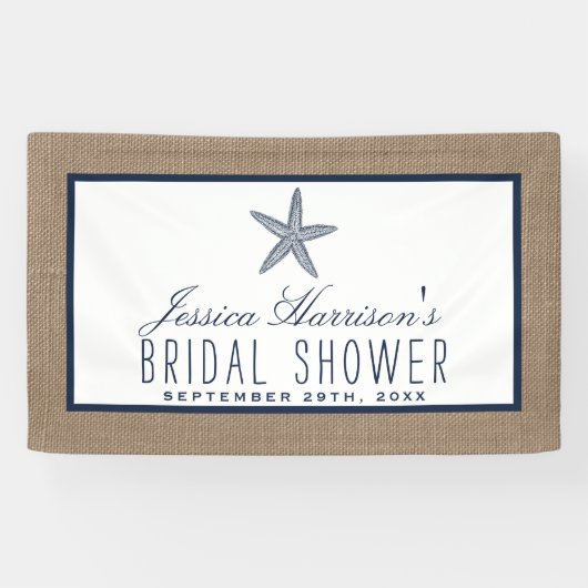 Navy Blue Starfish Beach Burlap Vrijgezellenfeest Spandoek (Horizontaal)