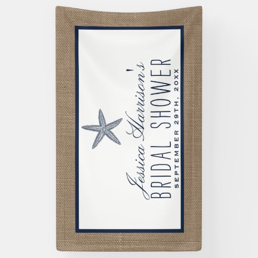 Navy Blue Starfish Beach Burlap Vrijgezellenfeest Spandoek (Verticaal)