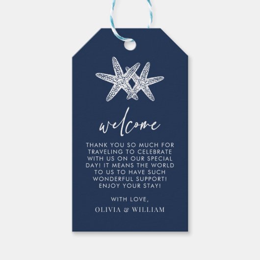 Navy Blue Starfish Beach Elegant Bruiloft Welkom Cadeaulabel (Voorkant)