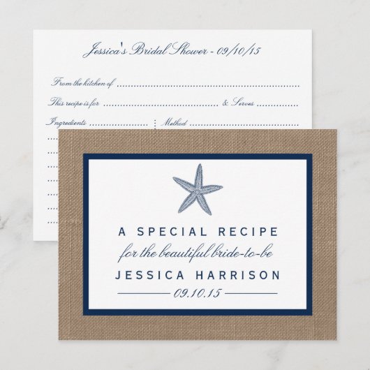 Navy Blue Starfish Beach Vrijgezellenfeest Recept  Uitnodiging Briefkaart (Voorkant / Achterkant)