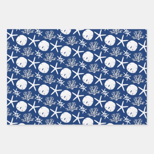 Navy Blue Starfish Sand Dollar Kerstmis Inpakpapier Vel (Voorkant)