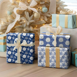 Navy Blue Starfish Sand Dollar Kerstmis Inpakpapier Vel