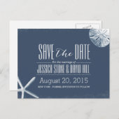 Navy Blue Starfish & Sand Dollar Save the Date Aankondigingskaart (Voorkant / Achterkant)
