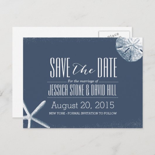 Navy Blue Starfish & Sand Dollar Save the Date Aankondigingskaart (Voorkant / Achterkant)