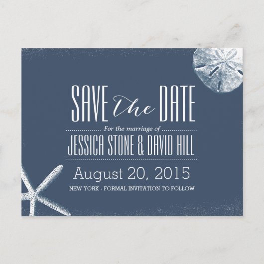 Navy Blue Starfish & Sand Dollar Save the Date Aankondigingskaart (Voorkant)