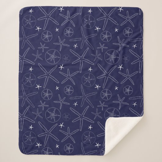 Navy Blue Starfish & Sand Dollar Sherpa Blanket Sherpa Deken (Voorkant)