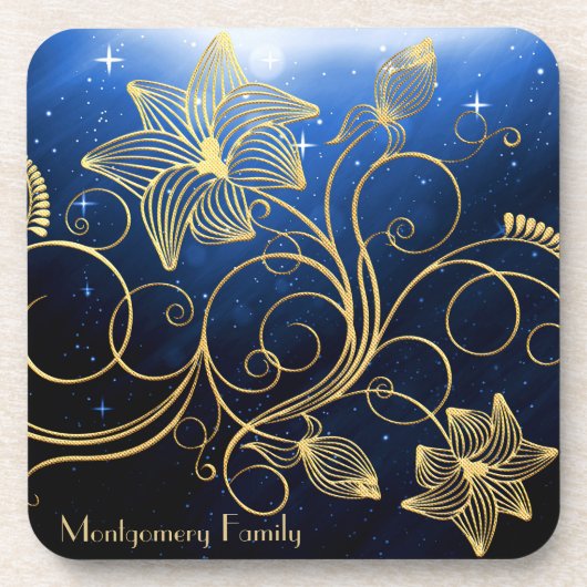 Navy Blue Starry Galaxy Gold Floral Naam Bier Onderzetter (Voorkant)