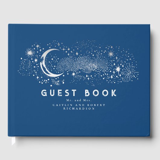 Navy Blue Stars Moon Night Sky Wedding Gastenboek (Voorkant)