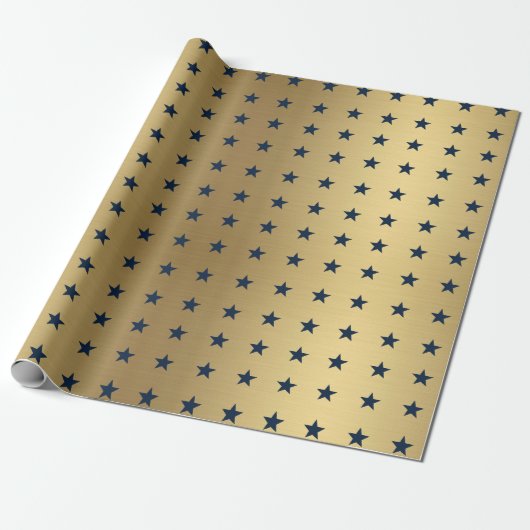 Navy Blue Stars Patroon op Metallic Gold Cadeaupapier (Uitgerold)