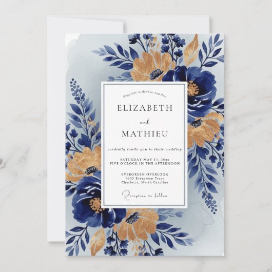Navy Blue Stately Botanical Wedding Kaart (Voorkant)