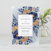 Navy Blue Stately Botanical Wedding Kaart (Staand voorkant)
