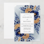 Navy Blue Stately Botanical Wedding Kaart (Voorkant / Achterkant)
