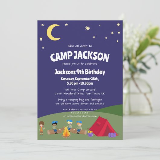 Navy Blue Sterrennacht Camping Birthday Party Kaart (Staand voorkant)