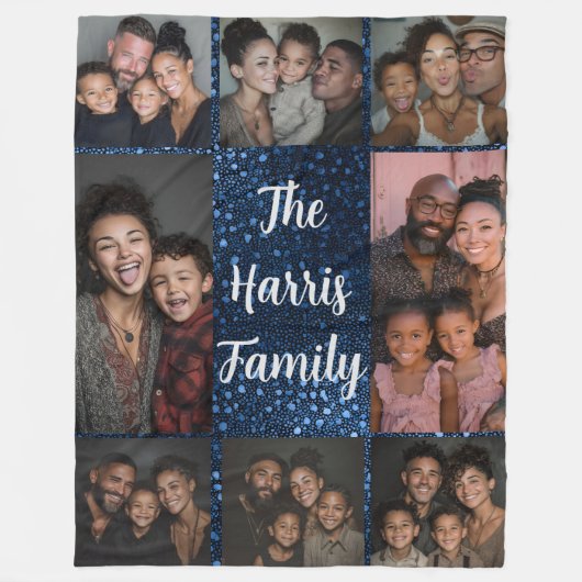 Navy Blue Stippen Familie Fotocollage Fleece Deken (Voorkant)