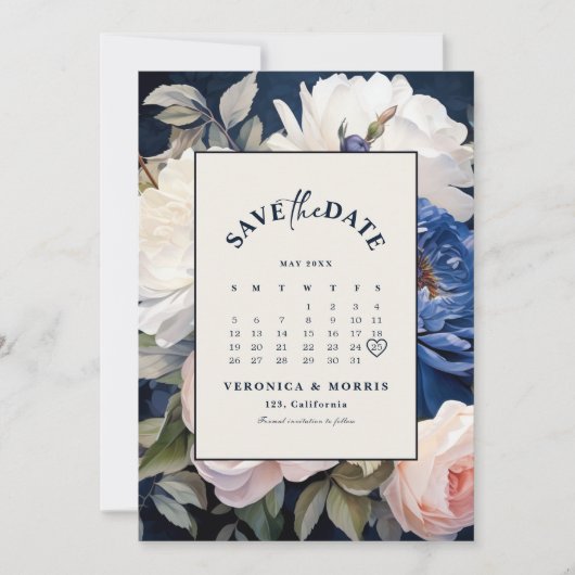 Navy Blue & Stof Roze Roze Bloemige Trouwdag Save The Date (Voorkant)