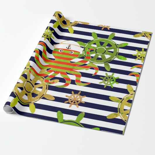 Navy blue strees nautisch patroon cadeaupapier (Uitgerold)