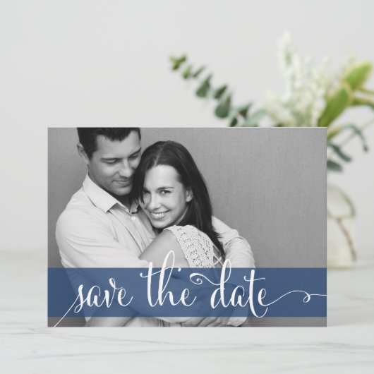 Navy Blue Strepen Save the Date Foto Aankondiging (Staand voorkant)
