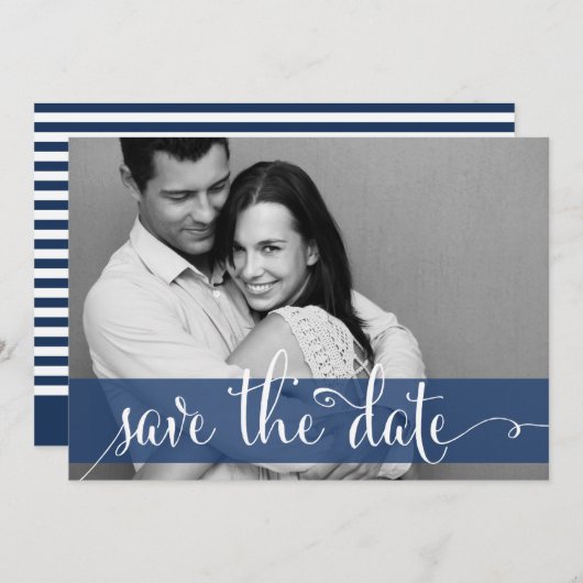 Navy Blue Strepen Save the Date Foto Aankondiging (Voorkant / Achterkant)