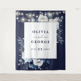 Navy Blue String Licht Bloemen Fotocabine Achtergr Wandkleed