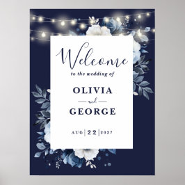 Navy Blue String Licht Bloemen Huwelijk Welkom Tek Poster