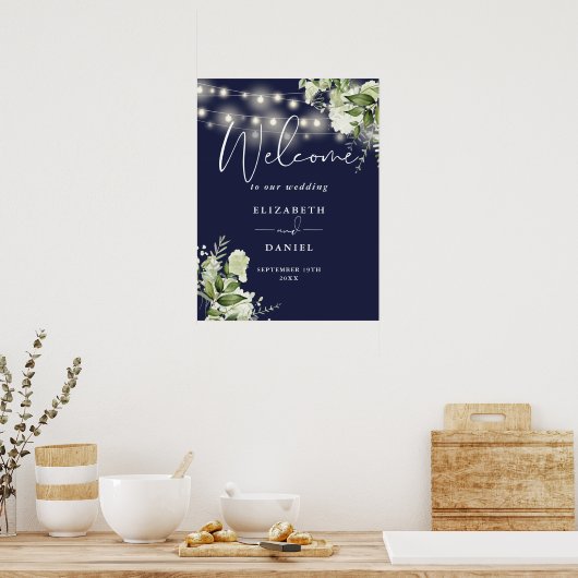Navy Blue String Lights Bloemen Huwelijk Welkom Poster (Keuken)