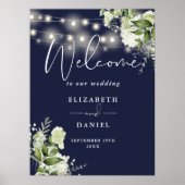 Navy Blue String Lights Bloemen Huwelijk Welkom Poster (Voorkant)