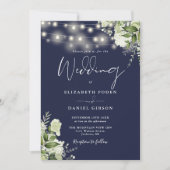 Navy Blue String Lights Bloemen Monogram Huwelijk Kaart (Voorkant)