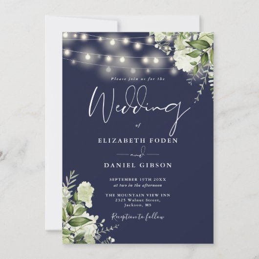 Navy Blue String Lights Bloemen Monogram Huwelijk Kaart (Voorkant)