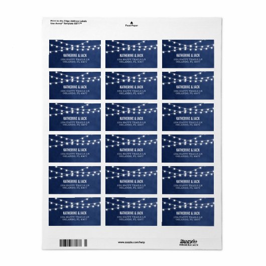 Navy Blue String Lights Bruiloft Adresetiketten Etiket (Full Sheet)