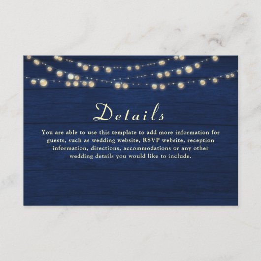 Navy Blue String Lights Bruiloft Details Kaart (Voorkant)
