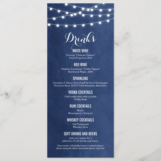 Navy Blue String Lights Bruiloft Drink Menu Kaart (Voorkant)