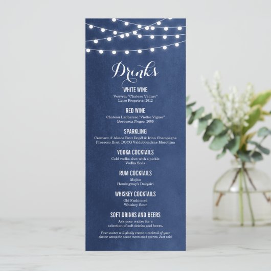 Navy Blue String Lights Bruiloft Drink Menu Kaart (Staand voorkant)