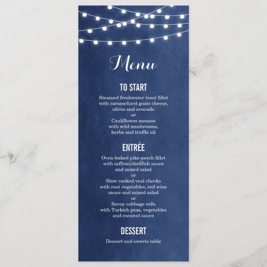 Navy Blue String Lights Bruiloft Menu Kaart (Voorkant)