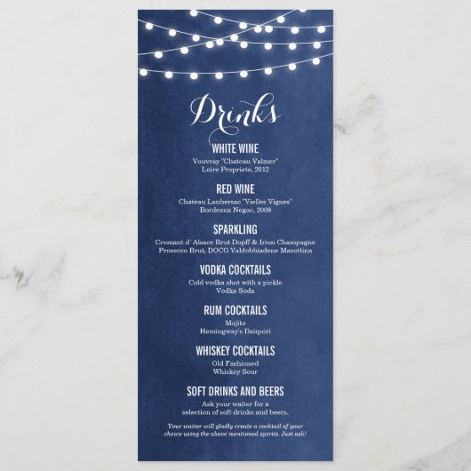 Navy Blue String Lights Bruiloft Menu Kaart (Achterkant)