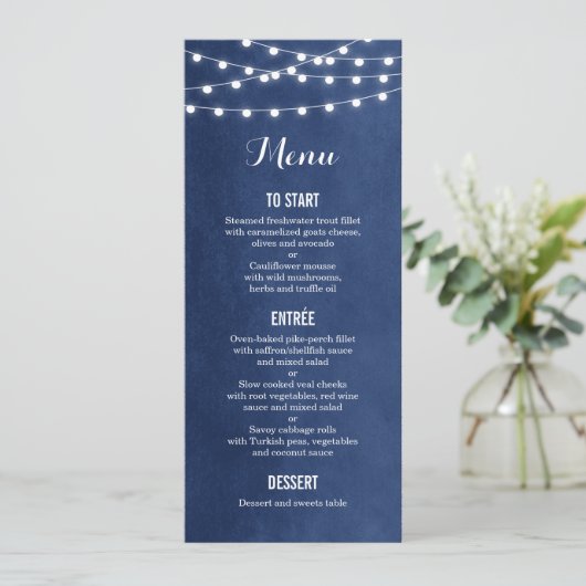 Navy Blue String Lights Bruiloft Menu Kaart (Staand voorkant)