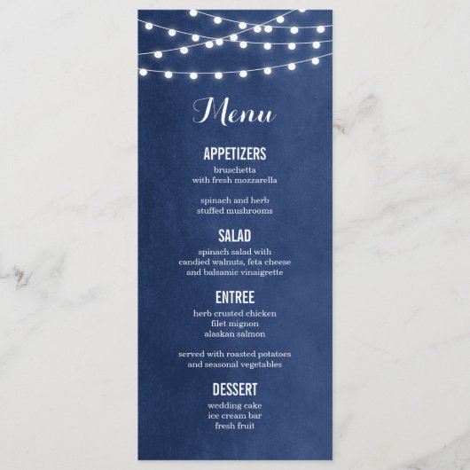 Navy Blue String Lights Bruiloft Menu Kaart (Voorkant)