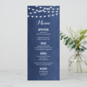 Navy Blue String Lights Bruiloft Menu Kaart (Staand voorkant)