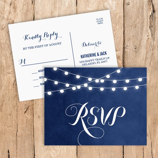 Navy Blue String Lights Bruiloft RSVP Briefkaart