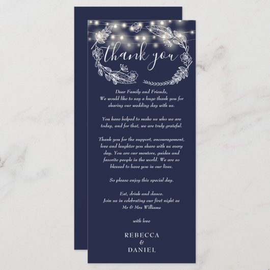 Navy Blue String Lights dank u plaats kaart (Voorkant / Achterkant)