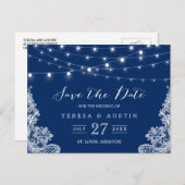 Navy Blue String Lights Elegant Lace Save the Date Aankondigingskaart (Voorkant / Achterkant)
