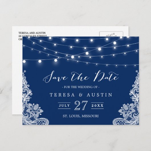 Navy Blue String Lights Elegant Lace Save the Date Aankondigingskaart (Voorkant / Achterkant)