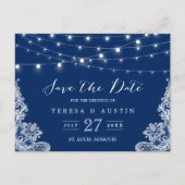 Navy Blue String Lights Elegant Lace Save the Date Aankondigingskaart (Voorkant)