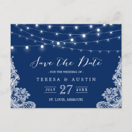 Navy Blue String Lights Elegant Lace Save the Date Aankondigingskaart