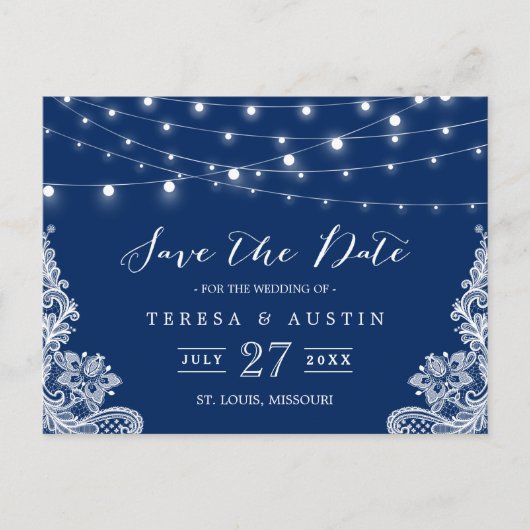 Navy Blue String Lights Elegant Lace Save the Date Aankondigingskaart (Voorkant)