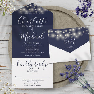 Navy Blue String Lights Elegant Script Wedding All In One Uitnodiging
