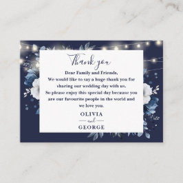 Navy Blue String Lights Floral Wedding Bedankt Plaatskaartje