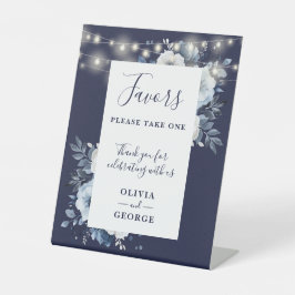 Navy Blue String Lights Floral Wedding Favorieten Reclamebord Met Voetstuk